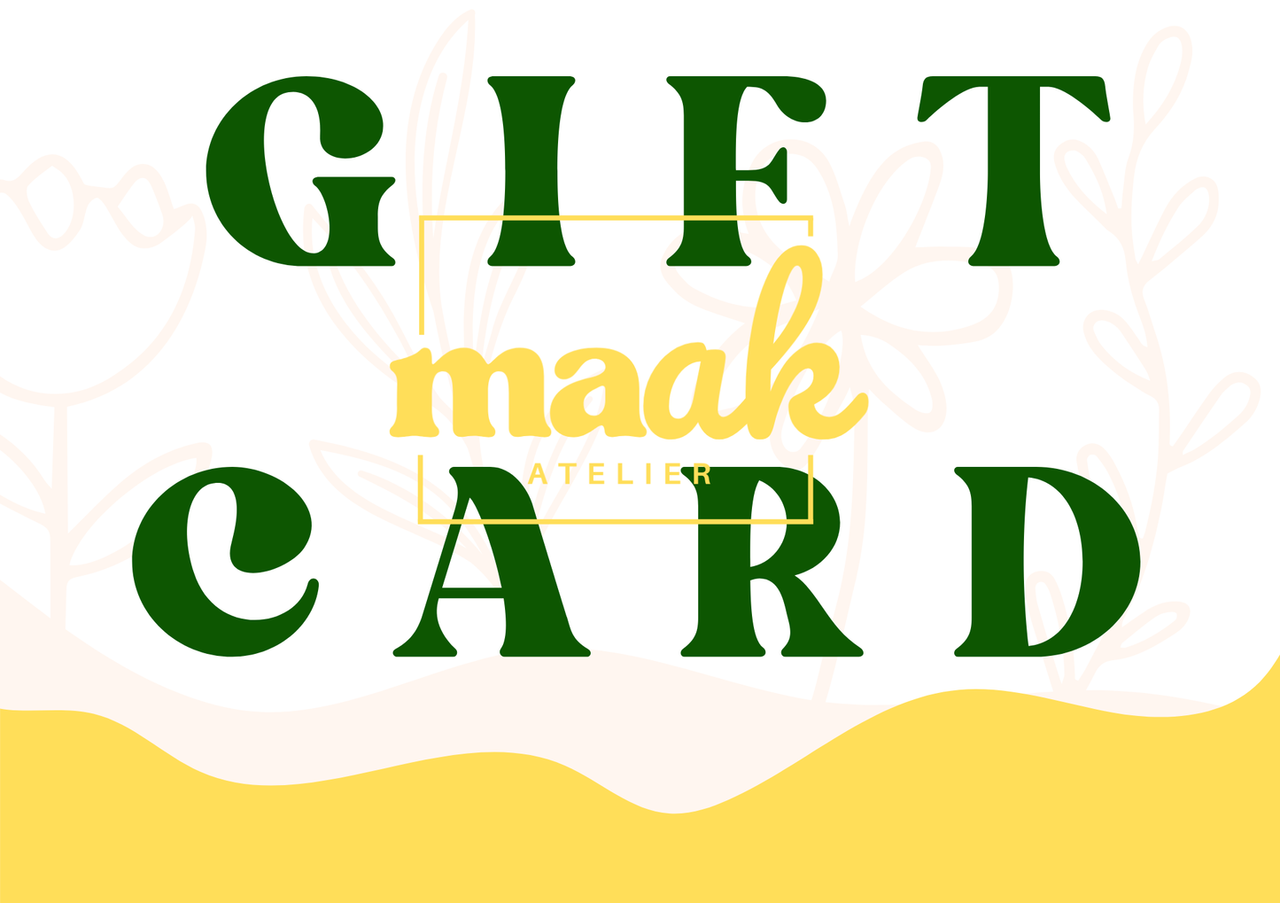 Maak Atelier giftcard ontwerp met bloemenlijntekening, groene en gele accenten, glas in lood workshops Antwerpen