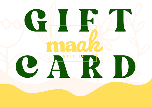 Maak Atelier giftcard ontwerp met bloemenlijntekening, groene en gele accenten, glas in lood workshops Antwerpen