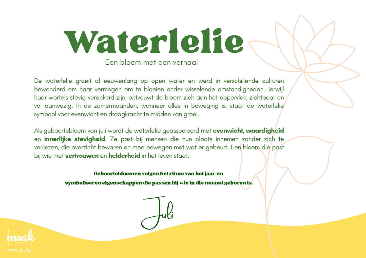 Waterlelie geboortebloem juli poster, groene en gele tekst met bloemlijntekening, Maak Atelier glas in lood workshops.