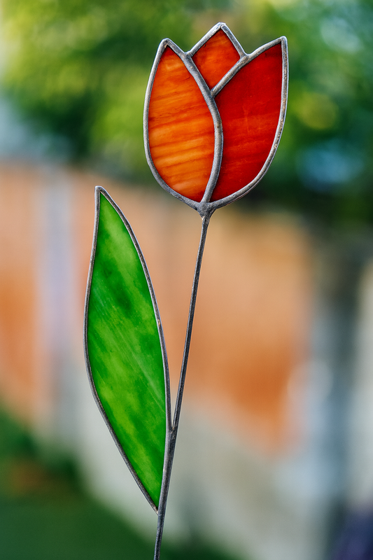 Handgemaakte glas in lood tulp bloem met groene blad, Maak Atelier cadeau