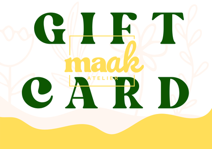 Maak Atelier giftcard ontwerp met bloemenlijntekening, groene en gele accenten, glas in lood workshops Antwerpen