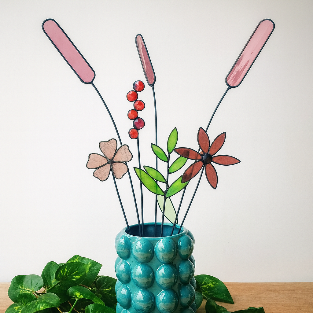 Handgemaakte glas in lood bloemen in blauwe vaas, Maak Atelier Antwerpen workshop sfeer