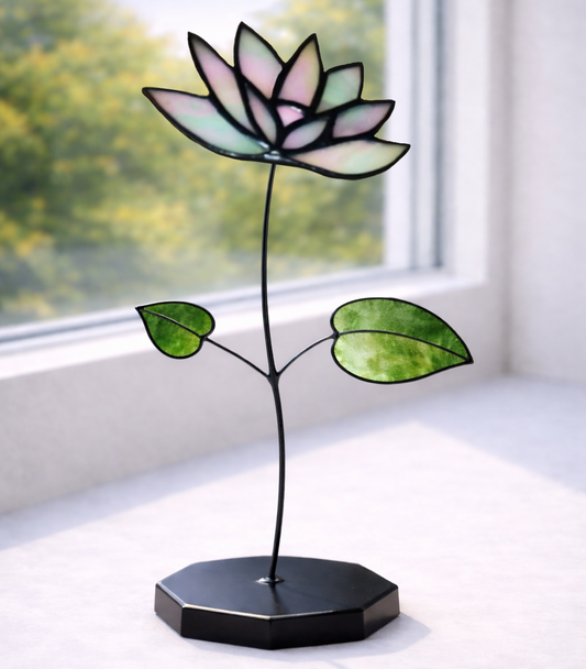 Handgemaakte glas in lood bloem op standaard bij raam, Tiffany stijl, Maak Atelier cadeau