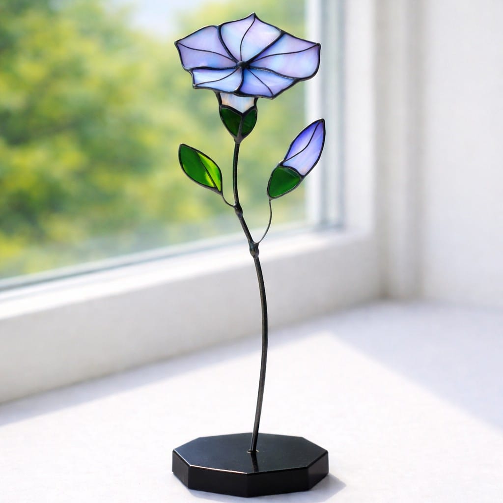 Handgemaakte Tiffany glas in lood bloem met groene bladeren op standaard, bij raam, Maak Atelier.